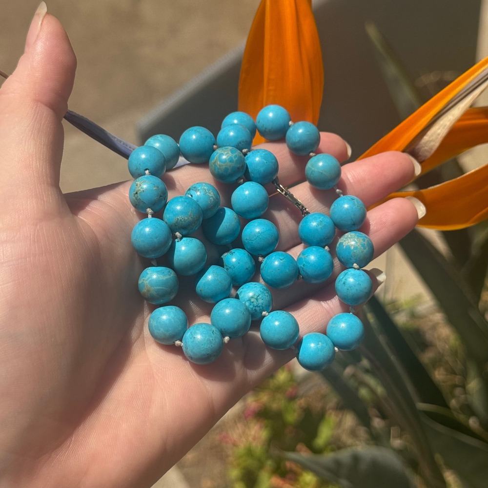 Necklace VTG Blue Turquoise Beaded Round Smooth Natural Genuine beads 11" 78g